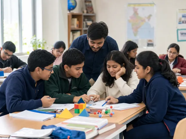 Indian students collaborating on puzzles and science models in a learning workshop