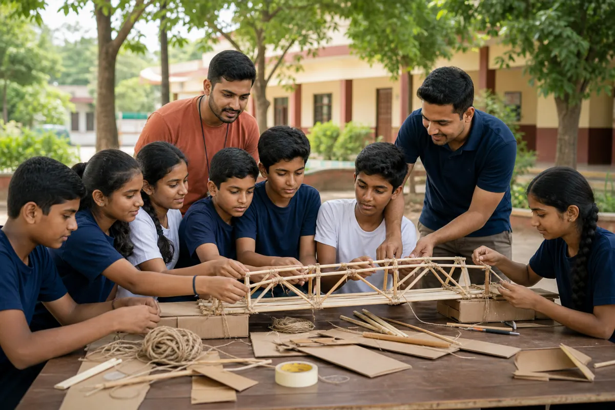 Indian students and mentors collaborating on a hands-on bridge-building challenge