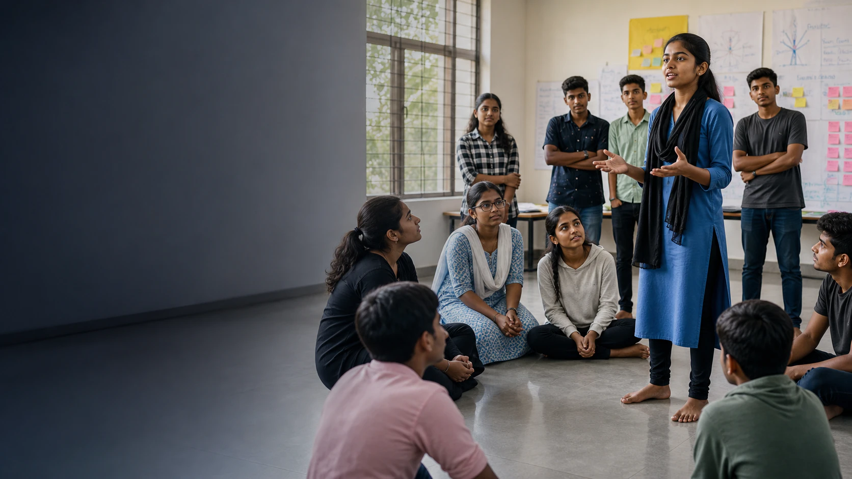 Indian teenage girl speaking during a collaborative youth leadership workshop