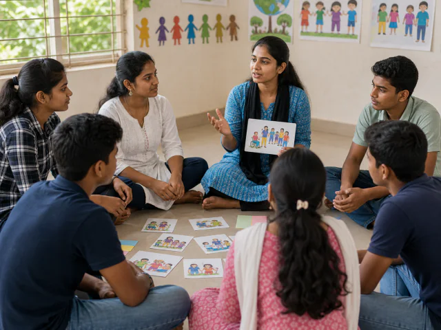Indian youth discussing inclusion, equality and child wellbeing during a facilitated workshop