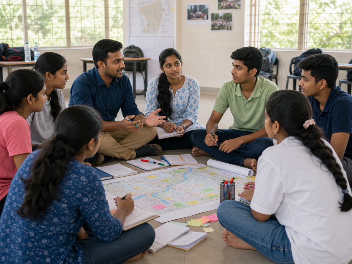 Indian youth and a facilitator planning a community service project together