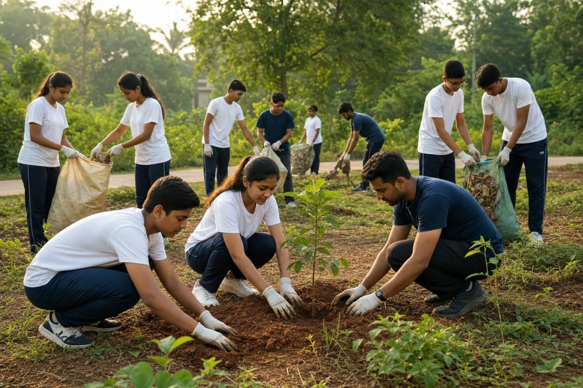 Indian youth volunteers planting a sapling during a community service activity