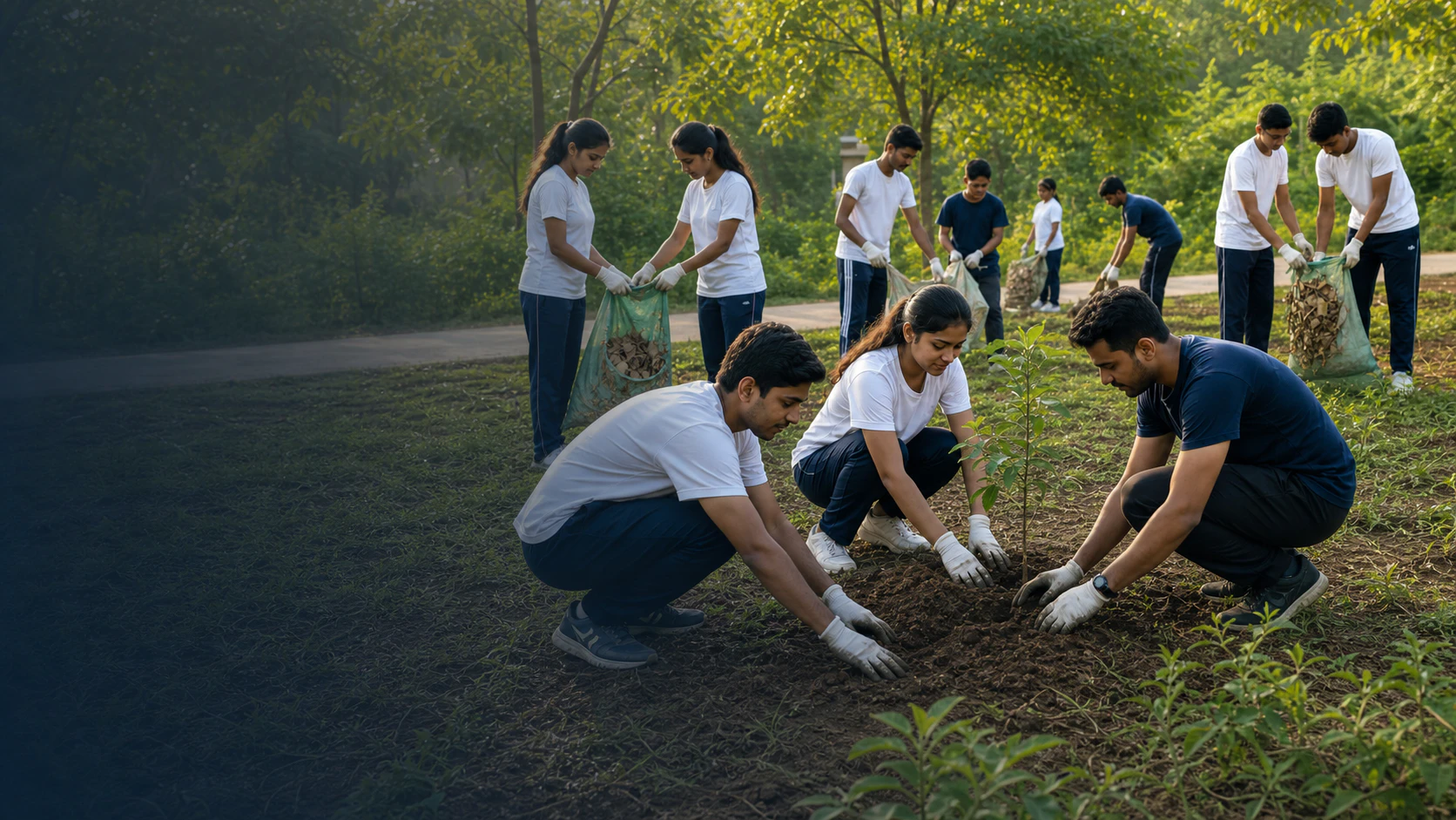Indian youth volunteers planting a sapling and caring for a community green space