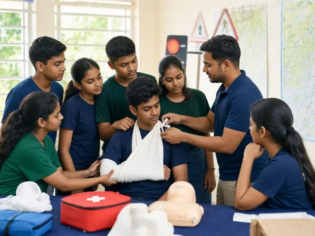 Indian teenagers learning how to apply an arm sling during first aid training