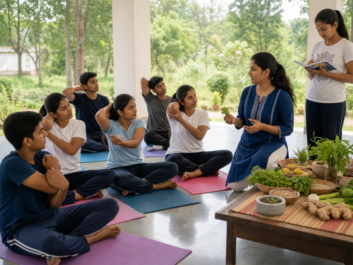 Indian teenagers participating in a guided wellness and healthy-habits session