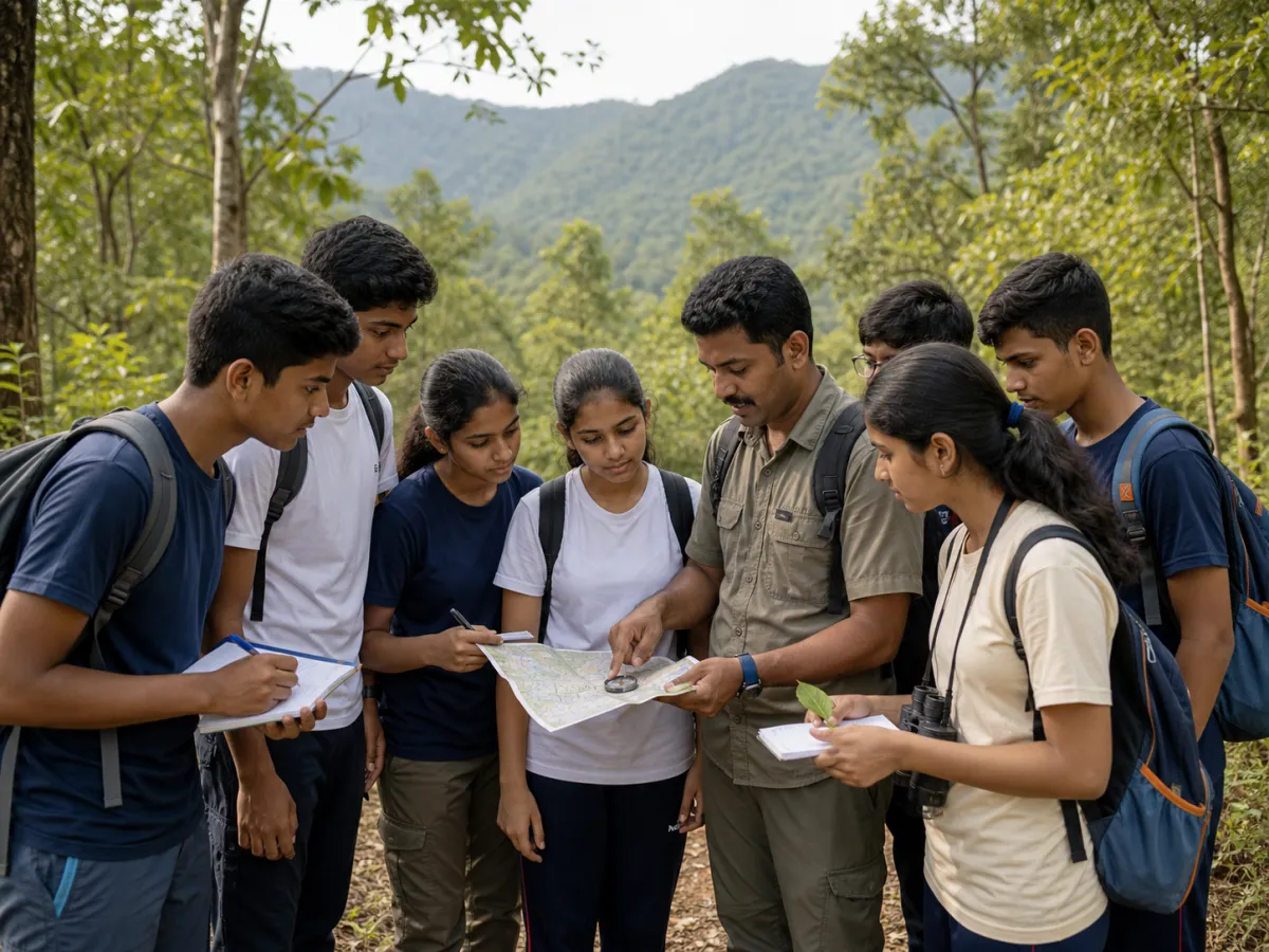 Indian youth learning map and compass skills during a guided nature activity
