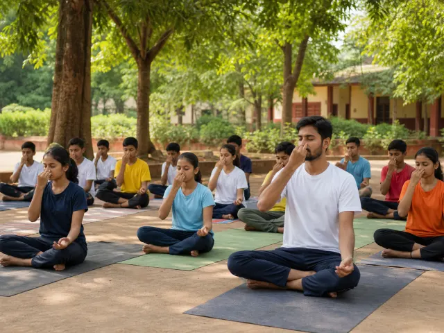Indian teenagers practising guided breathing during an outdoor yoga session
