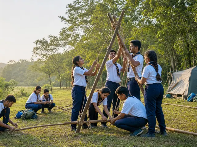 Indian youth learning practical outdoor scouting skills together